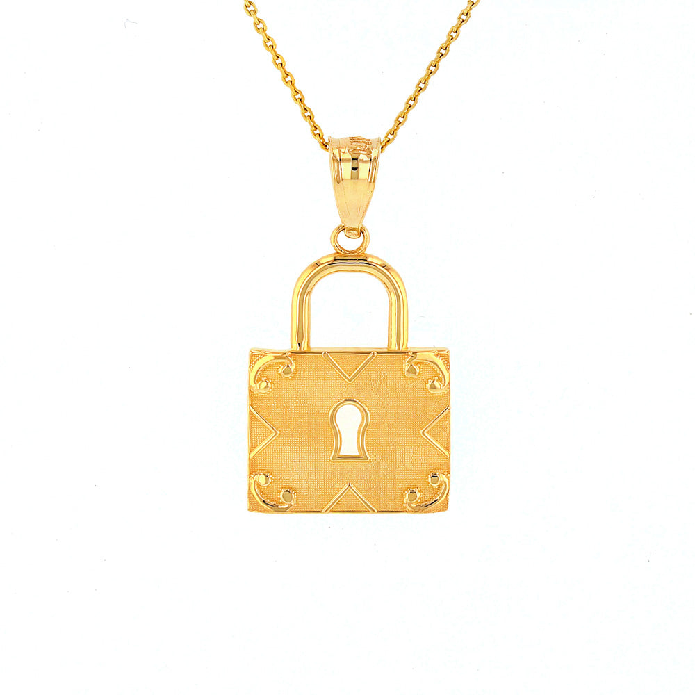 Solid Gold Swirl Rectangle Keyhole Padlock Pendant Necklace