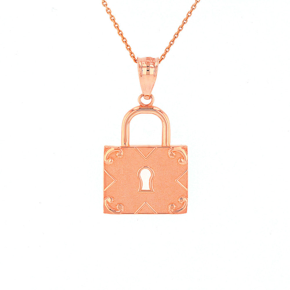 Solid Gold Swirl Rectangle Keyhole Padlock Pendant Necklace, view 2