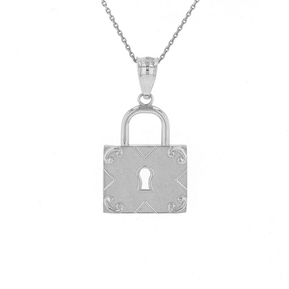 Solid Gold Swirl Rectangle Keyhole Padlock Pendant Necklace, view 3
