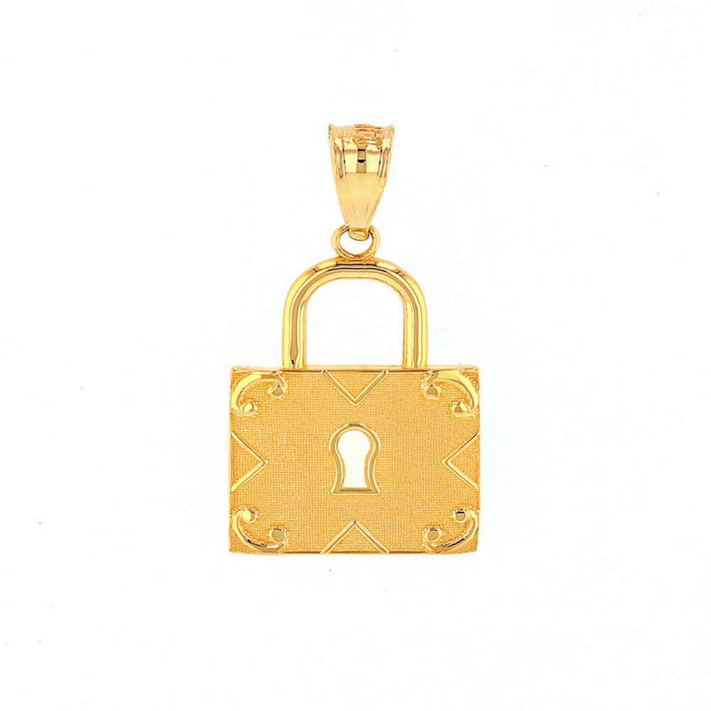 Solid Gold Swirl Rectangle Keyhole Padlock Pendant Necklace, view 4