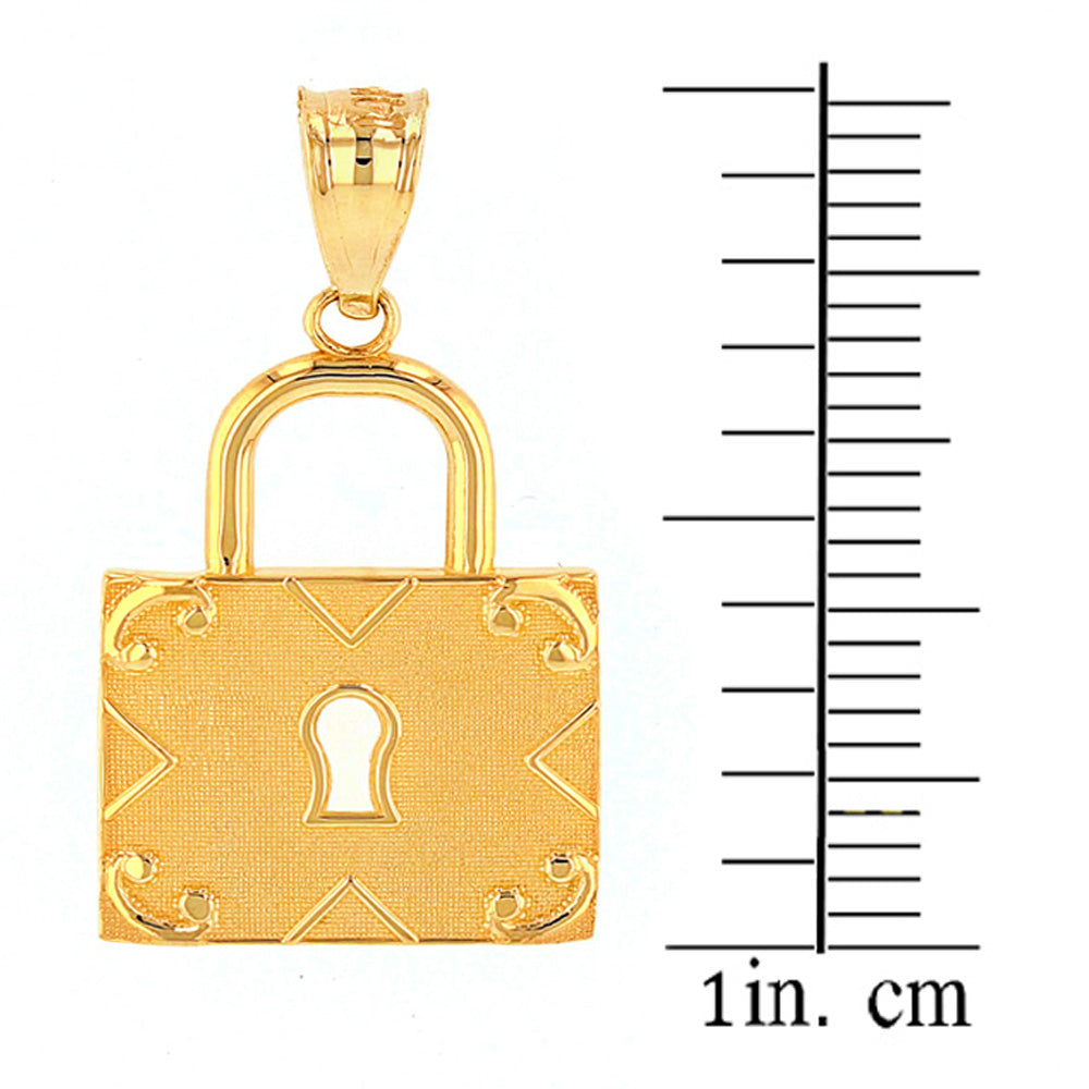 Solid Gold Swirl Rectangle Keyhole Padlock Pendant Necklace, view 5