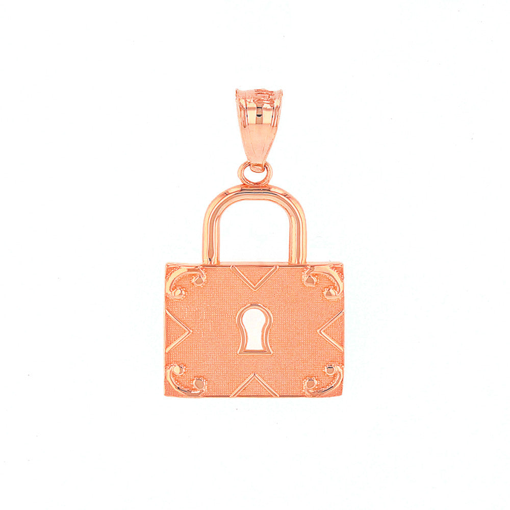 Solid Gold Swirl Rectangle Keyhole Padlock Pendant Necklace, view 6