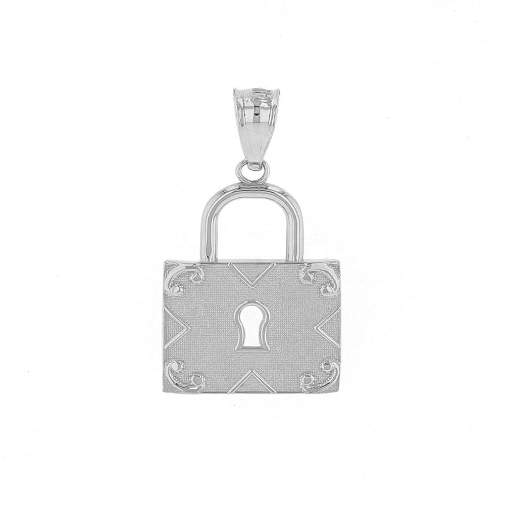 Solid Gold Swirl Rectangle Keyhole Padlock Pendant Necklace, view 8