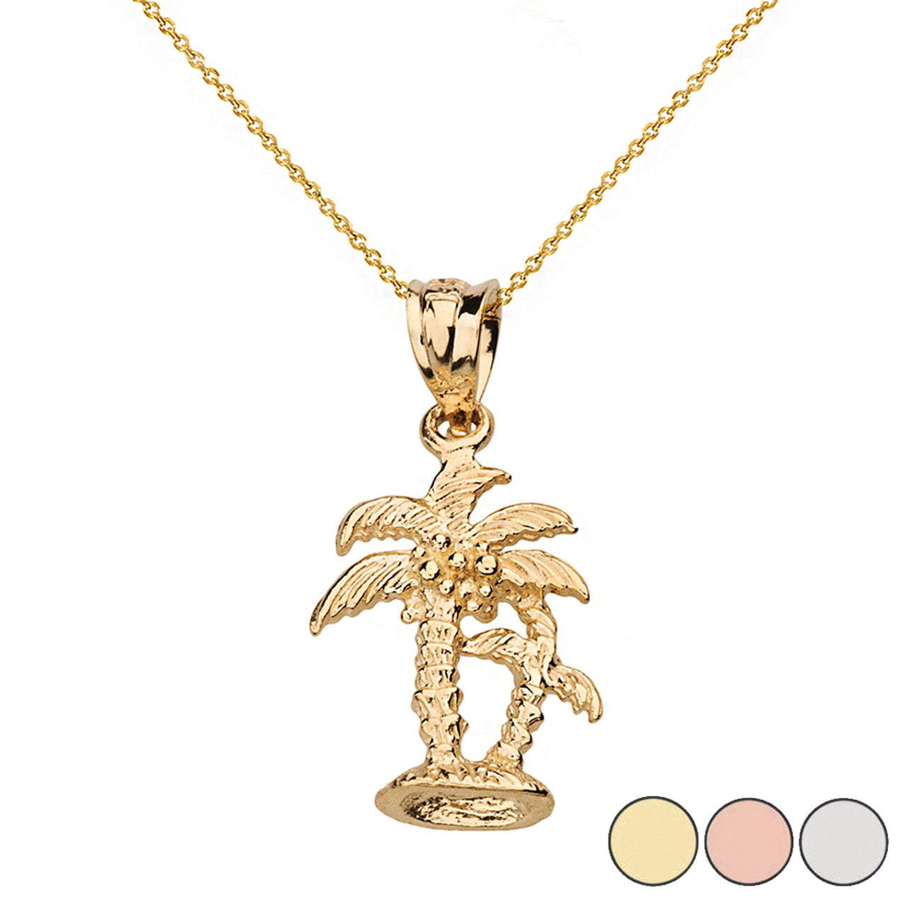 Solid Gold Texture Double Palm Trees Pendant Necklace