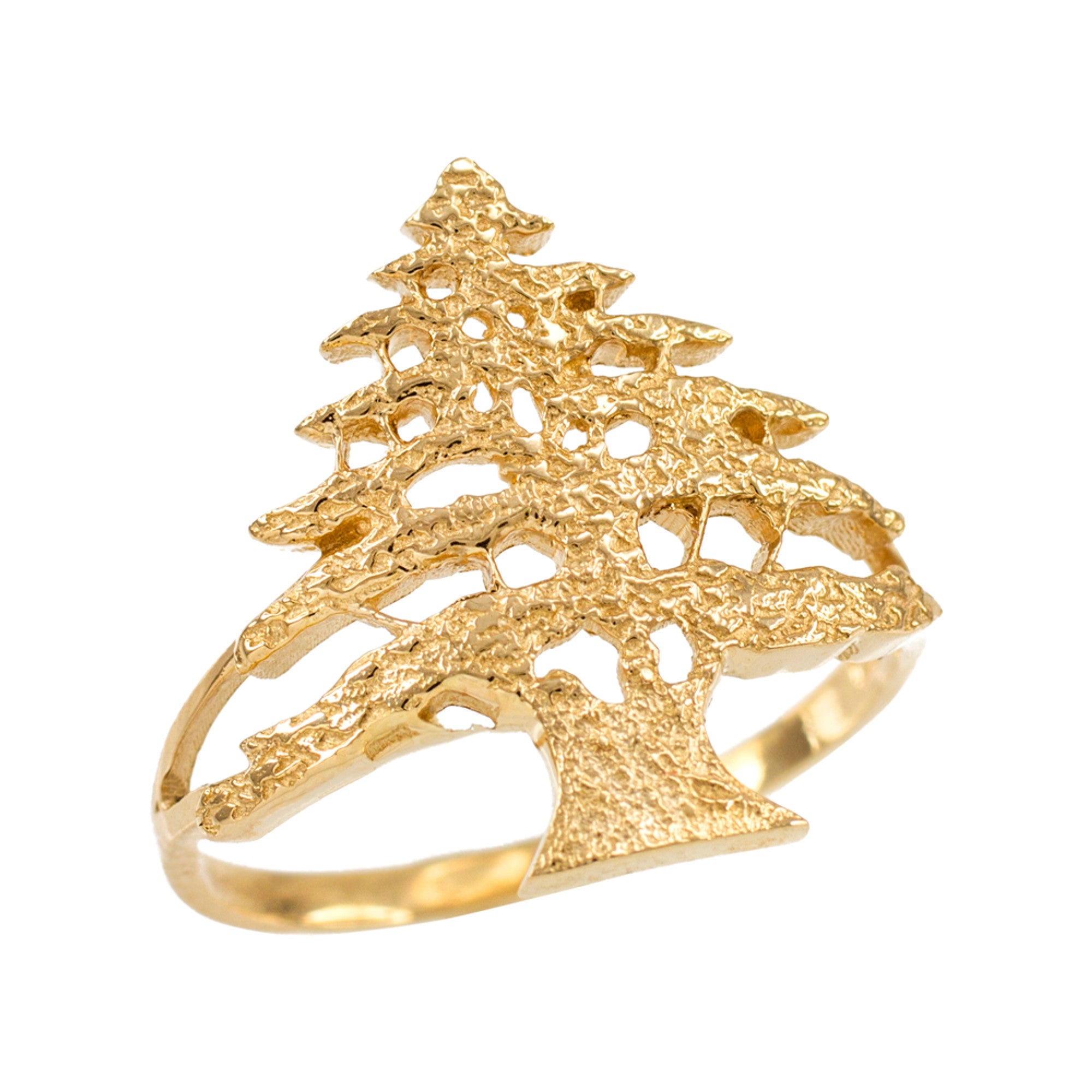 Solid Gold Textured Band Lebanese Cedar Tree Women's Ring, view 4