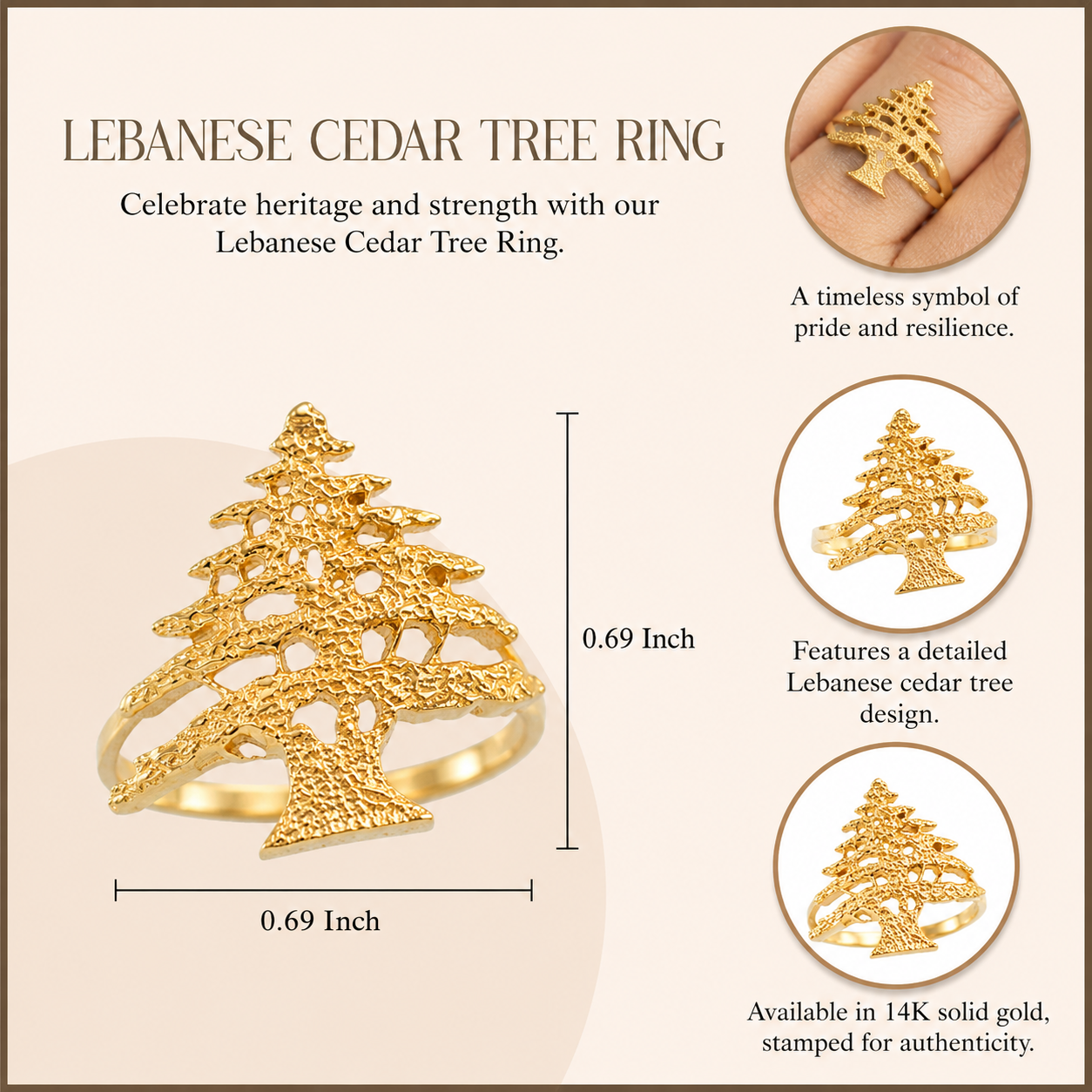 Solid Gold Textured Band Lebanese Cedar Tree Women's Ring, view 5