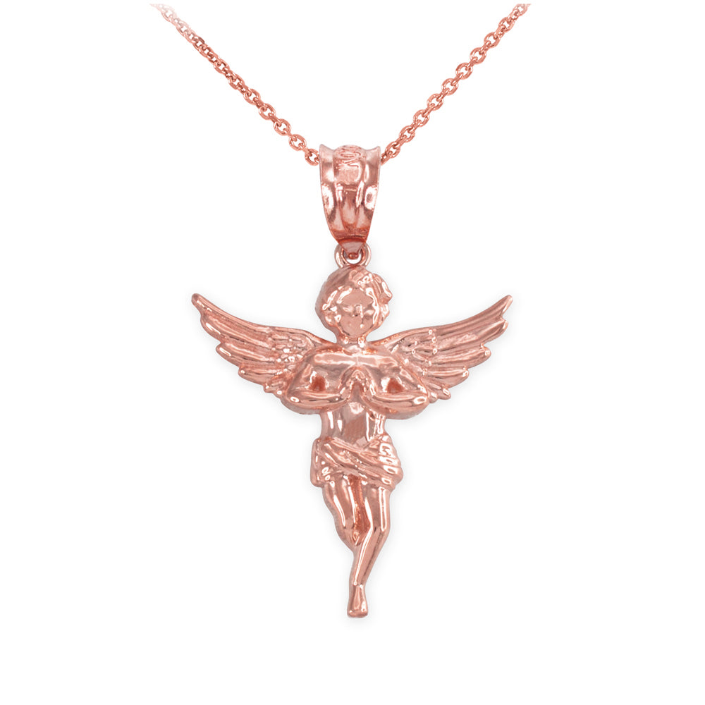 Solid Gold Textured Praying Angel Pendant Necklace, view 2