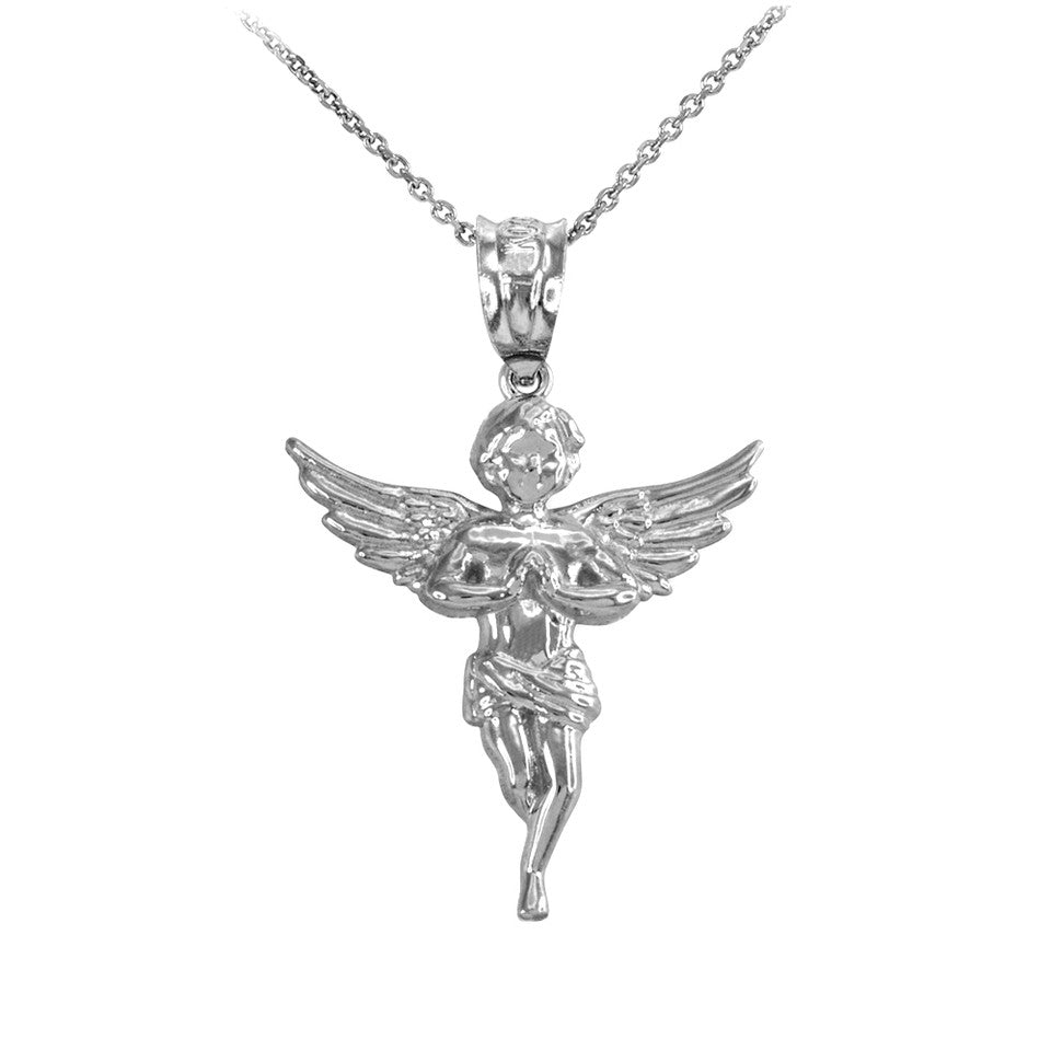 Solid Gold Textured Praying Angel Pendant Necklace, view 3