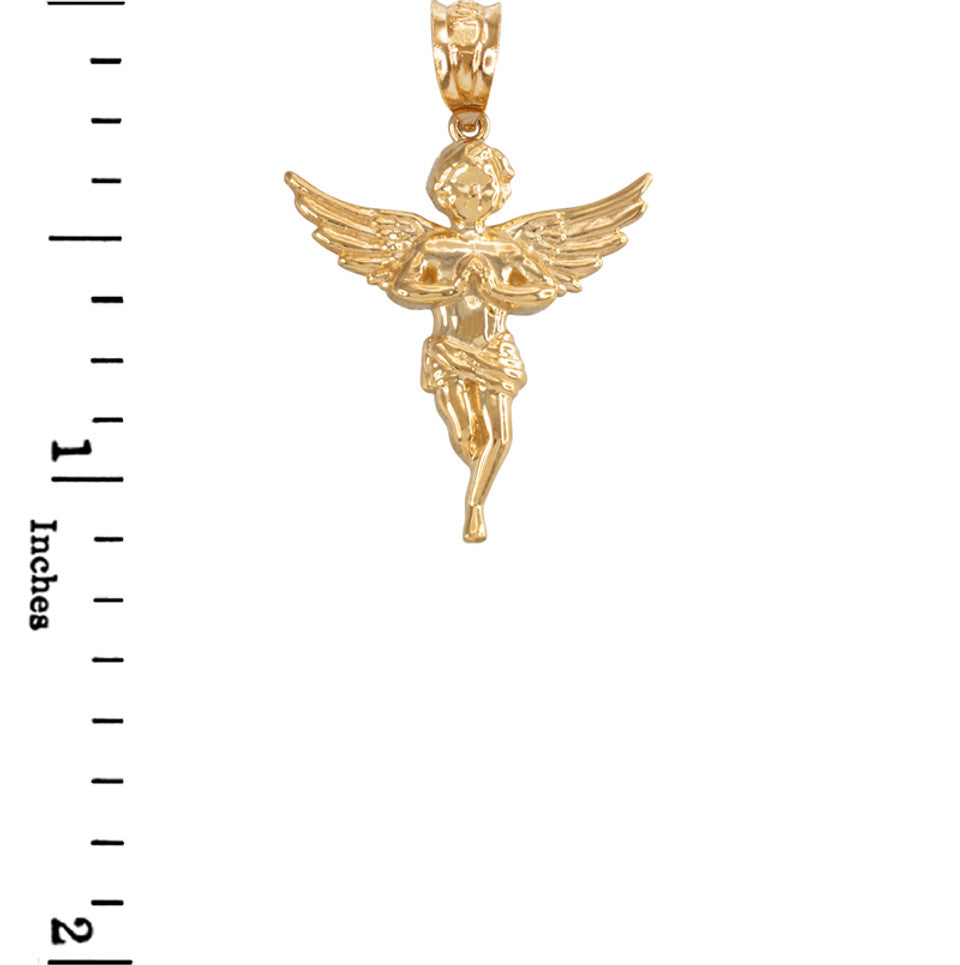 Solid Gold Textured Praying Angel Pendant Necklace, view 4