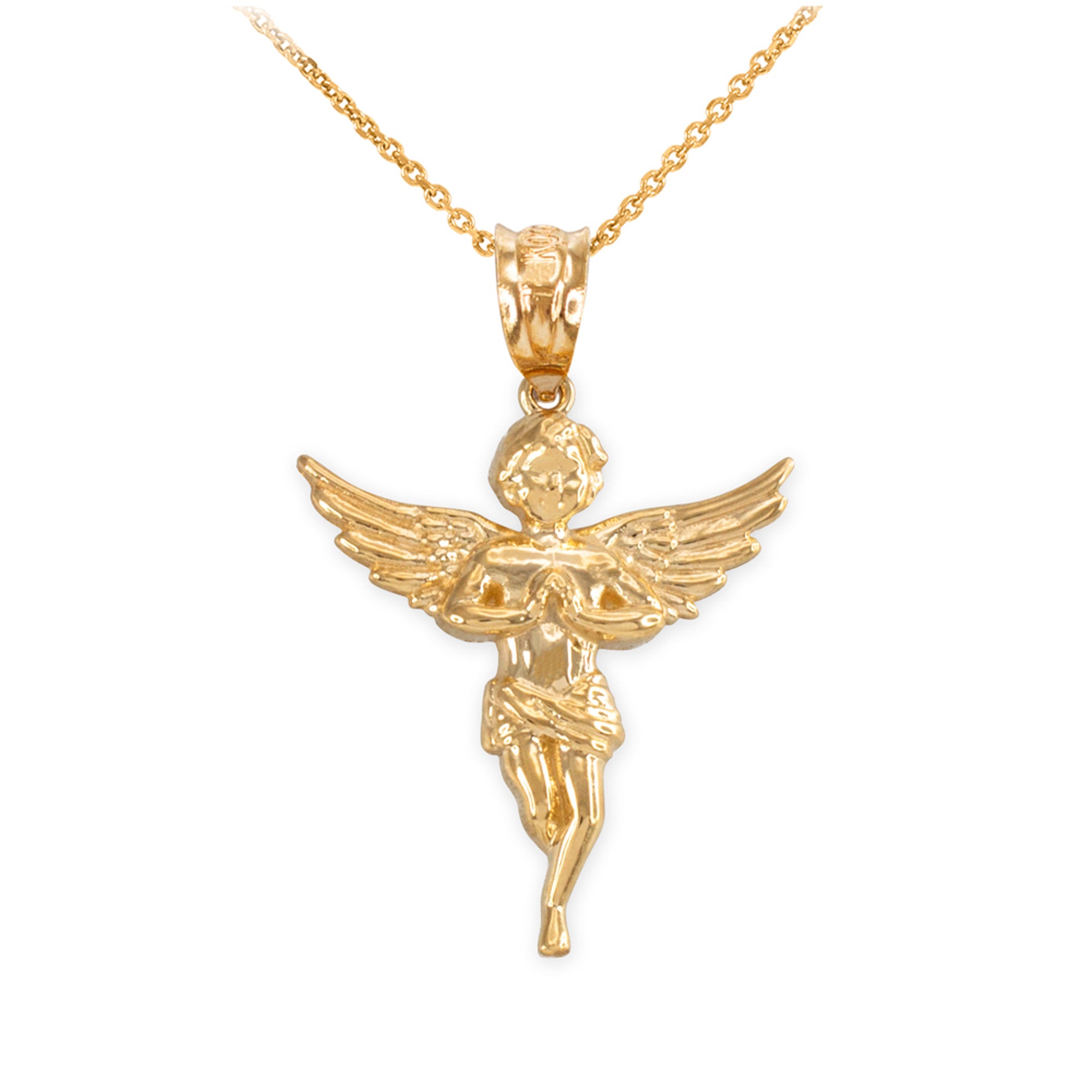Solid Gold Textured Praying Angel Pendant Necklace, view 5