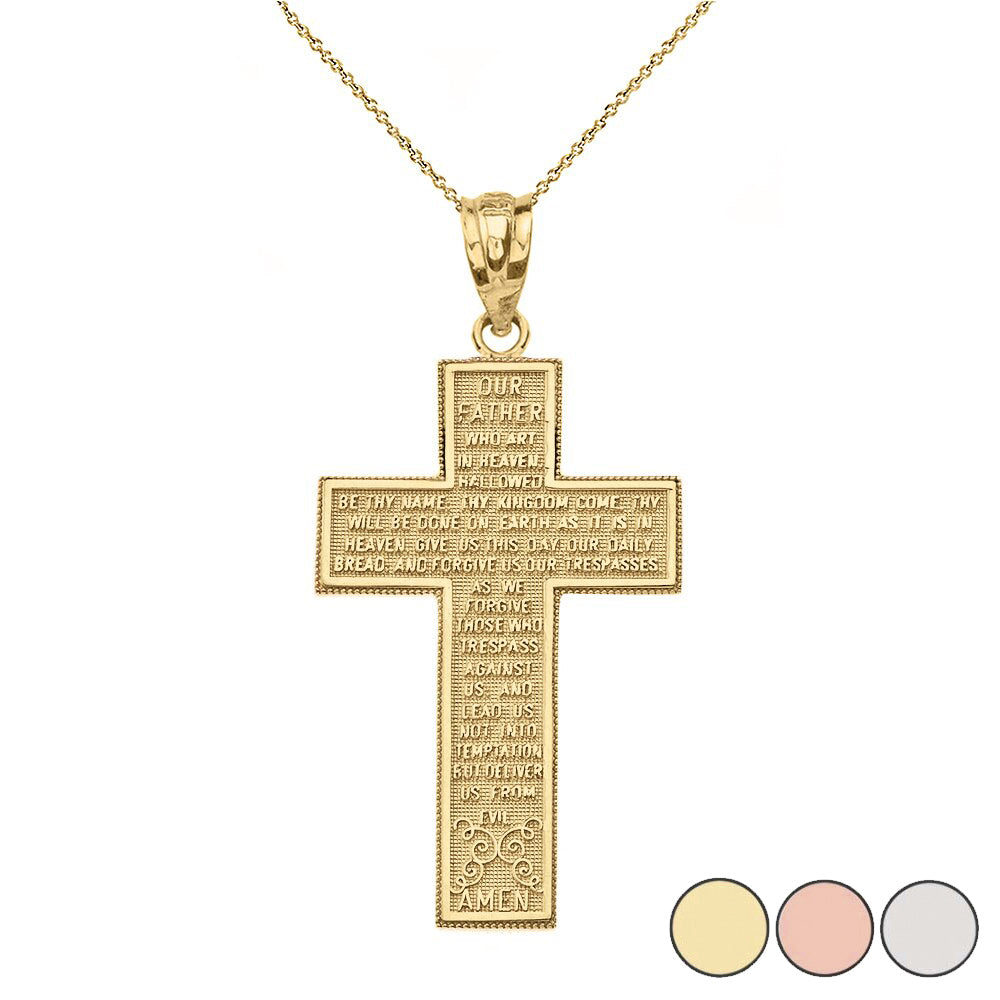 Solid Gold The Lord's Our Father Prayer Cross Pendant Necklace