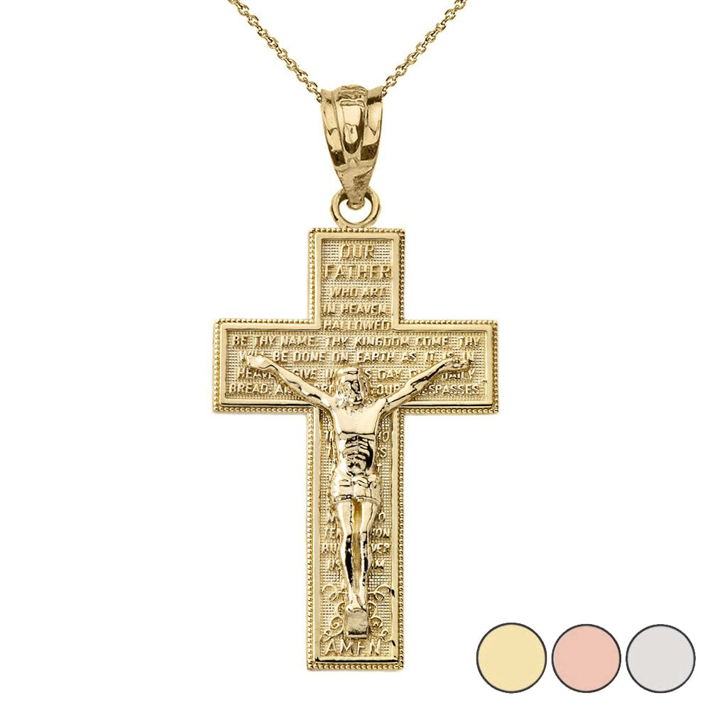 Solid Gold The Lord's Our Father Prayer Crucifix Pendant Necklace