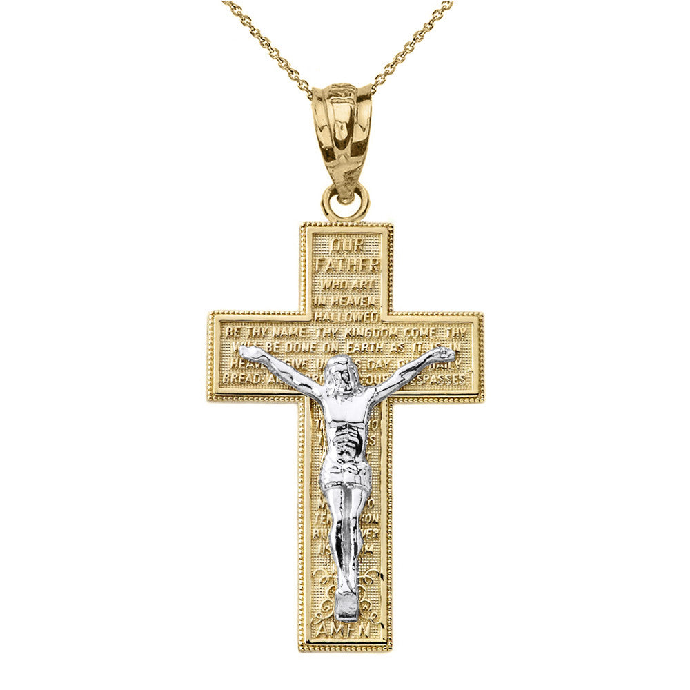 Solid Gold The Lord's Our Father Prayer Crucifix Pendant Necklace, view 14
