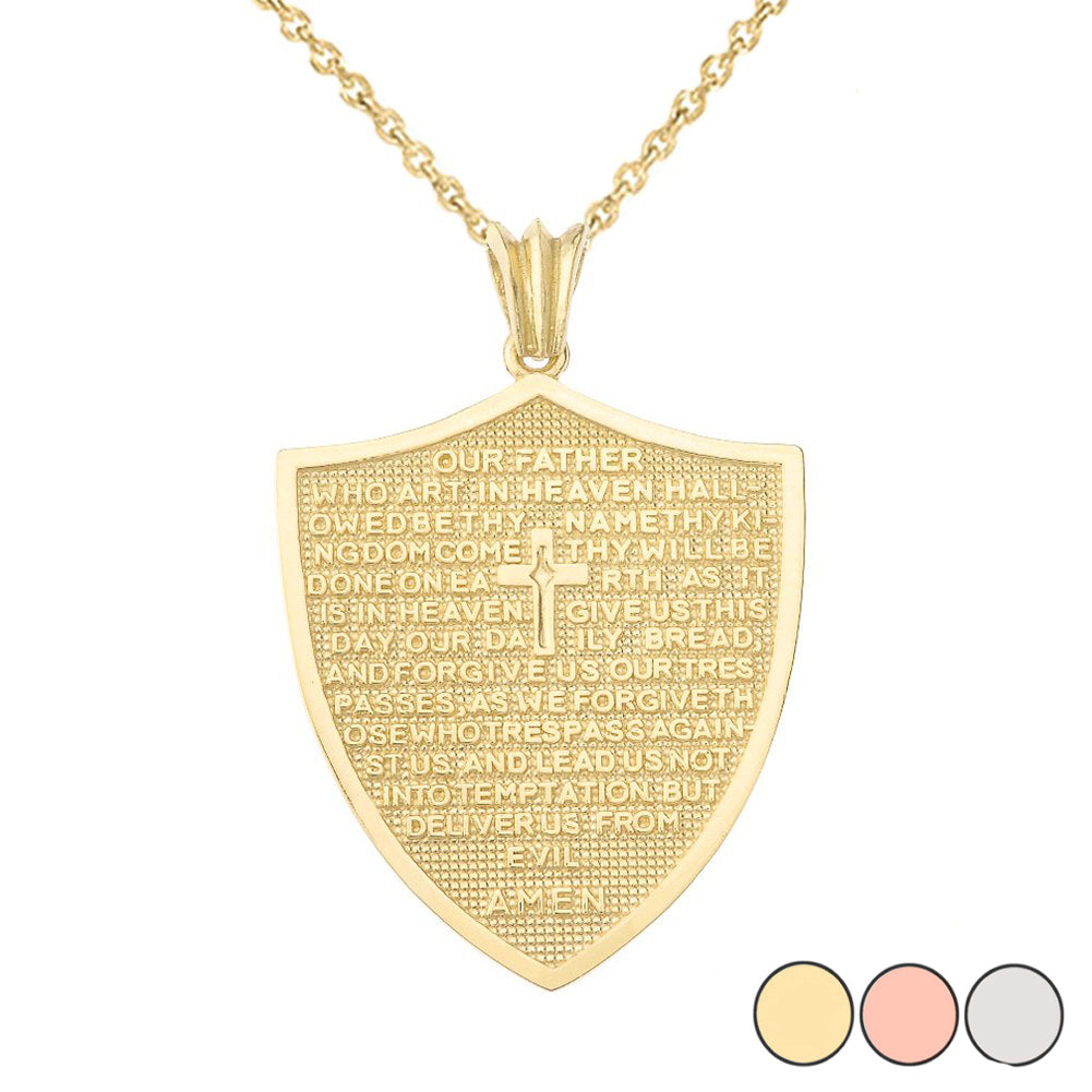 Solid Gold The Lords Prayer Shield Medallion Pendant Necklace