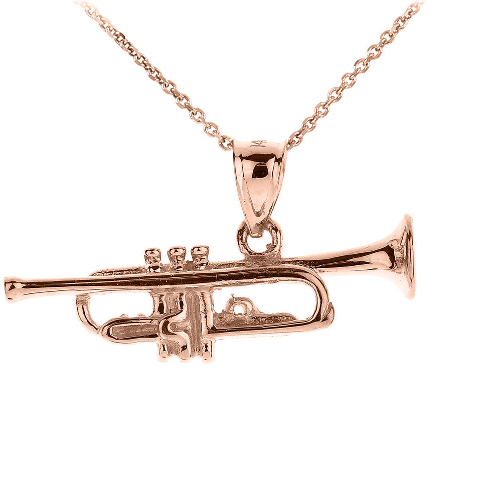 Solid Gold Three Dimensional Trumpet Pendant Necklace, view 3