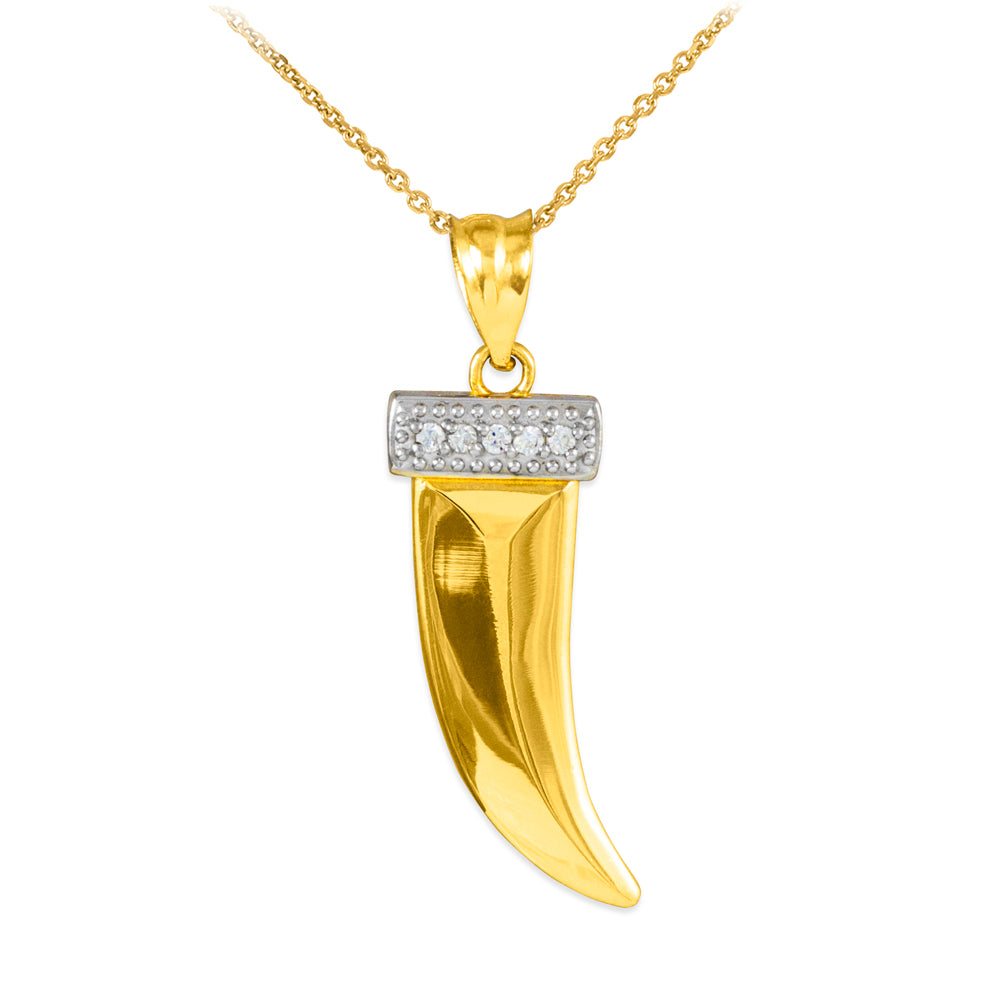 Solid Gold Tiger Tooth Pendant Necklace with Diamonds