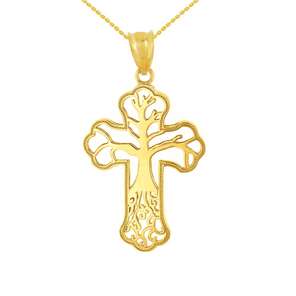 Solid Gold Tree of Life Milgrain Cross Pendant Necklace