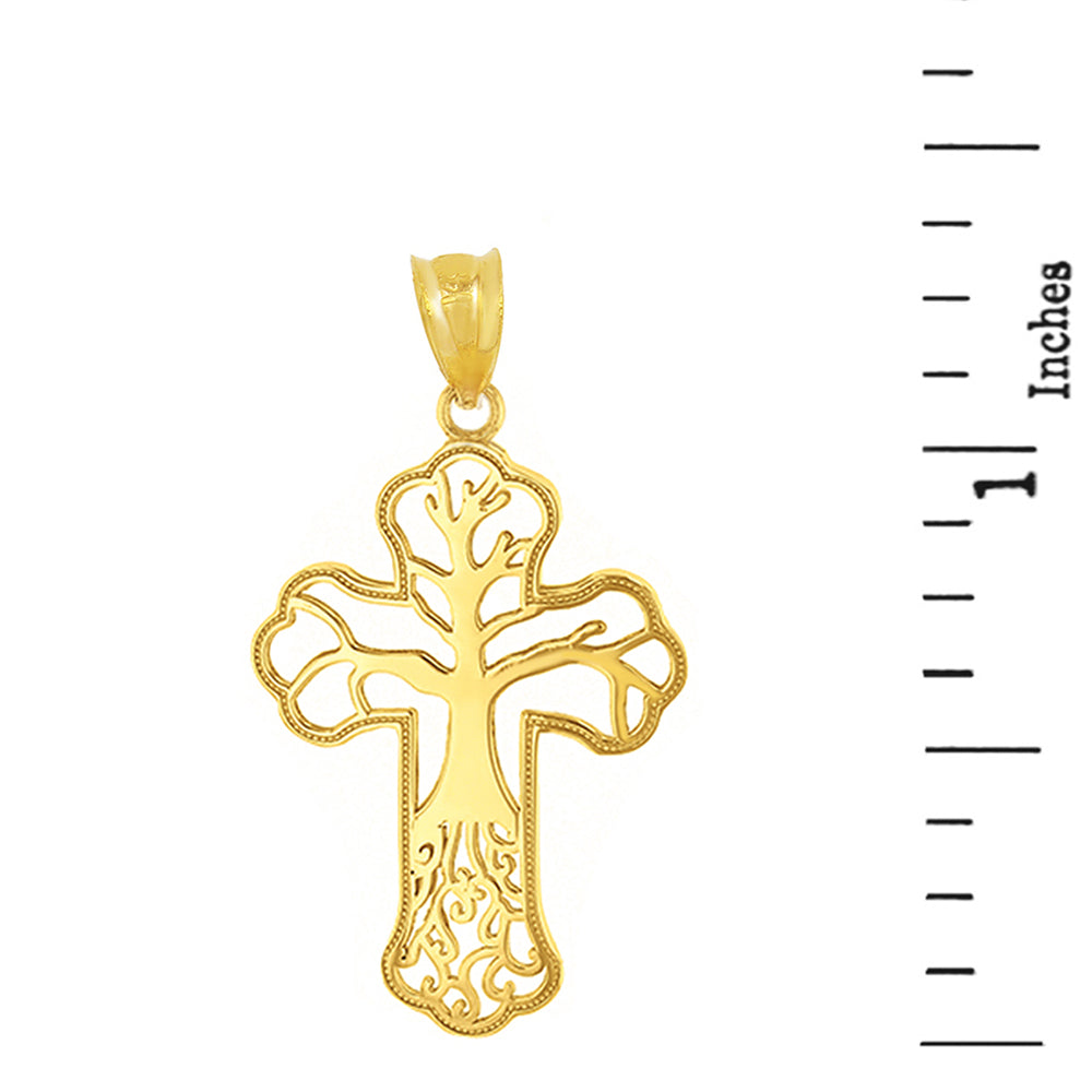 Solid Gold Tree of Life Milgrain Cross Pendant Necklace, view 2