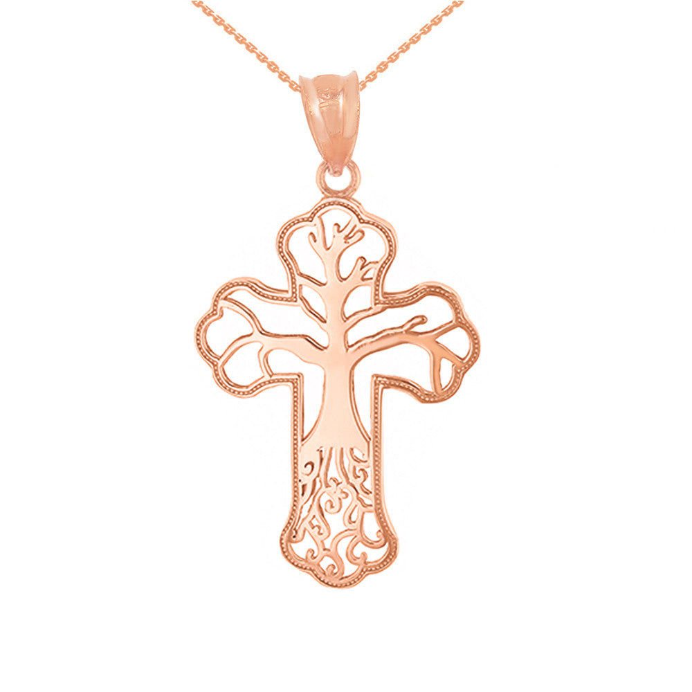 Solid Gold Tree of Life Milgrain Cross Pendant Necklace, view 3