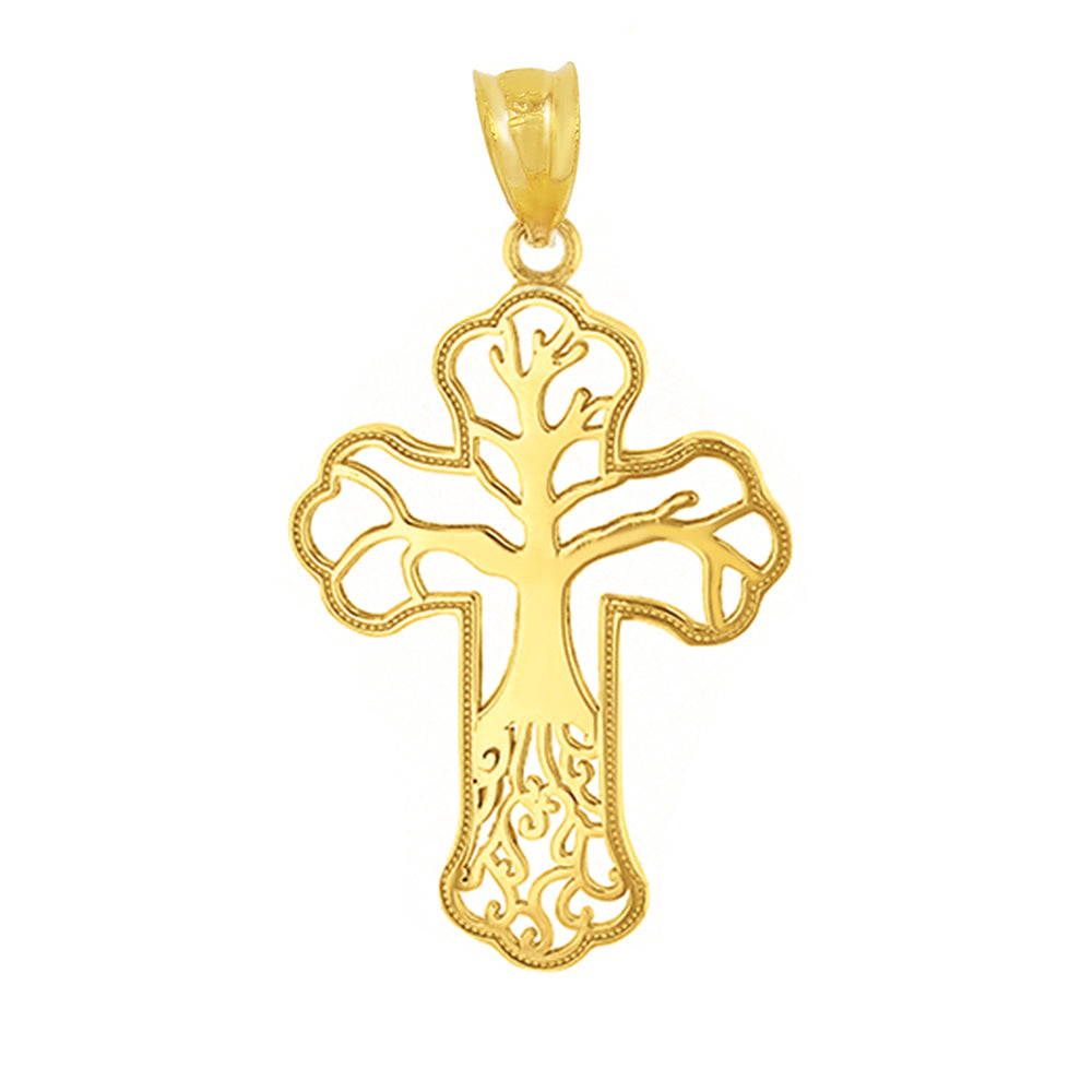 Solid Gold Tree of Life Milgrain Cross Pendant Necklace, view 5