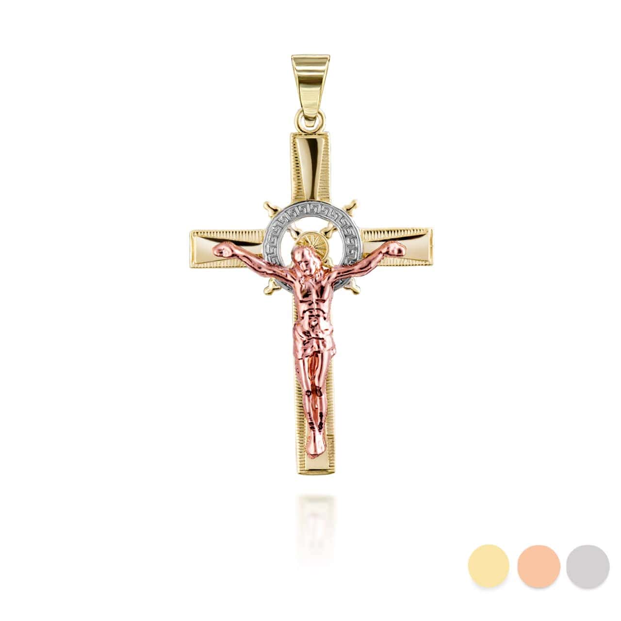Solid Gold Tri Tone Crucifix Pendant Necklace