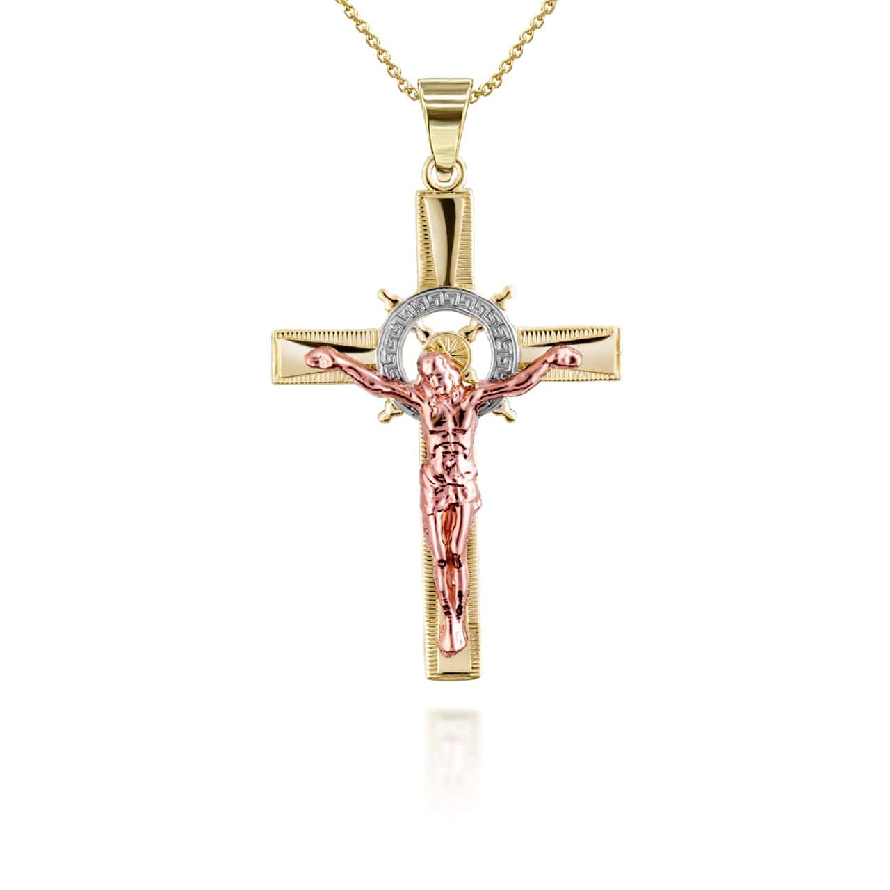 Solid Gold Tri Tone Crucifix Pendant Necklace, view 2