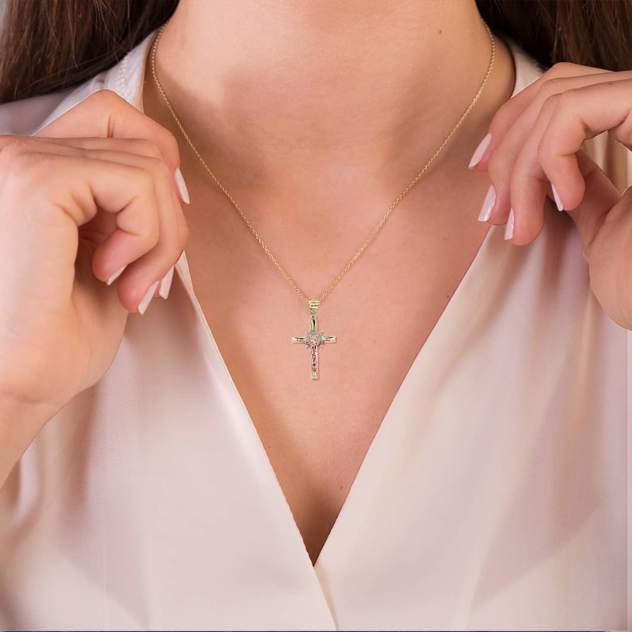 Solid Gold Tri Tone Crucifix Pendant Necklace, view 3