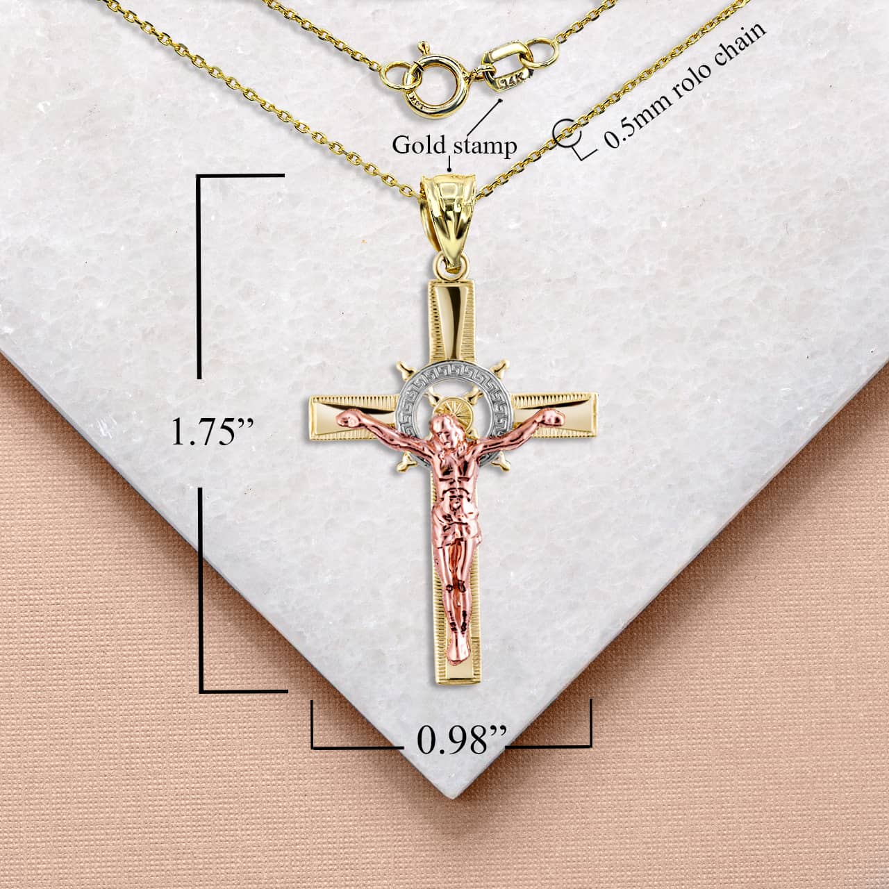 Solid Gold Tri Tone Crucifix Pendant Necklace, view 4