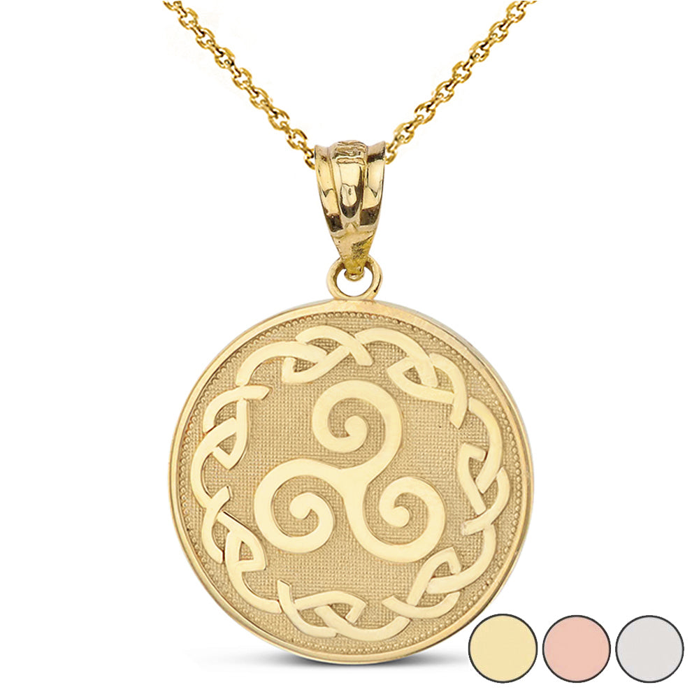 Solid Gold Triskele Triple Spiral Celtic Disc Pendant Necklace