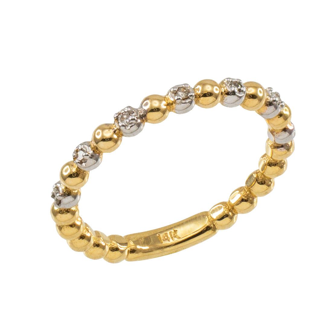 Solid Gold Two-Tone Ball Chain Stackable Ring with Diamonds