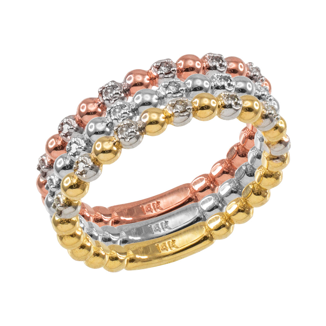 Solid Gold Two-Tone Ball Chain Stackable Ring with Diamonds, view 4