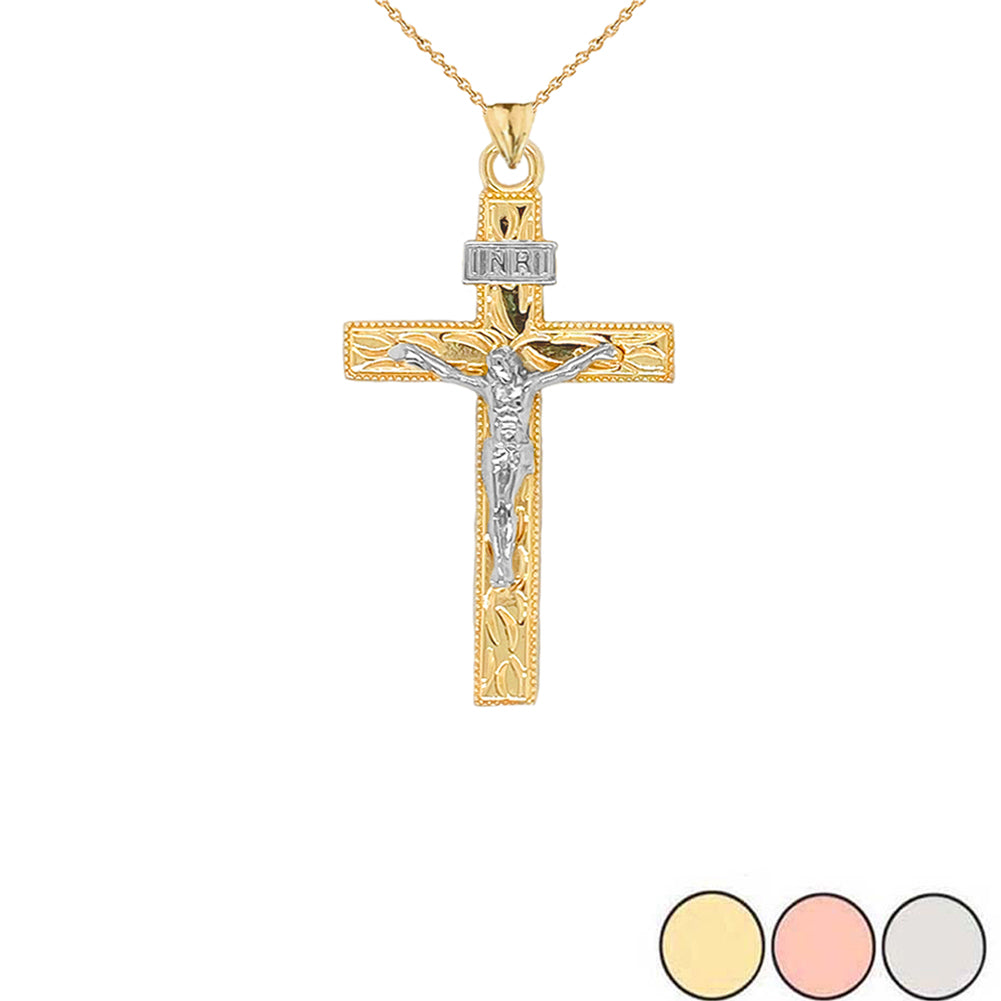Solid Gold Two-Tone Jesus Christ INRI Crucifix Cross Pendant Necklace