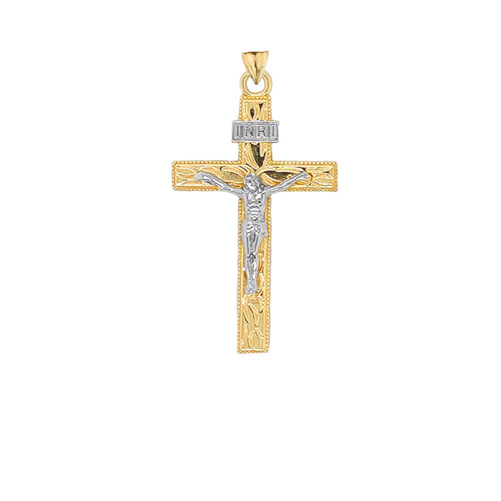 Solid Gold Two-Tone Jesus Christ INRI Crucifix Cross Pendant Necklace, view 2