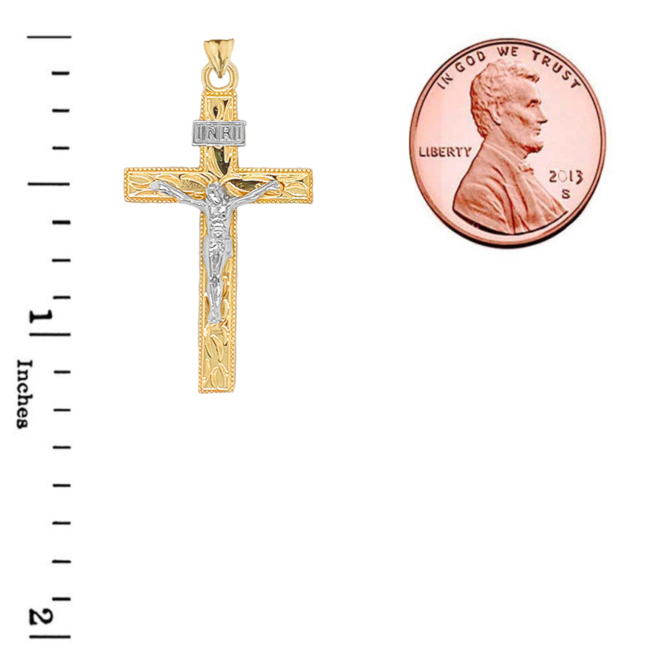Solid Gold Two-Tone Jesus Christ INRI Crucifix Cross Pendant Necklace, view 3