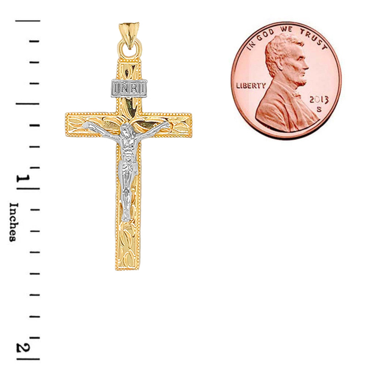 Solid Gold Two-Tone Jesus Christ INRI Crucifix Cross Pendant Necklace, view 4