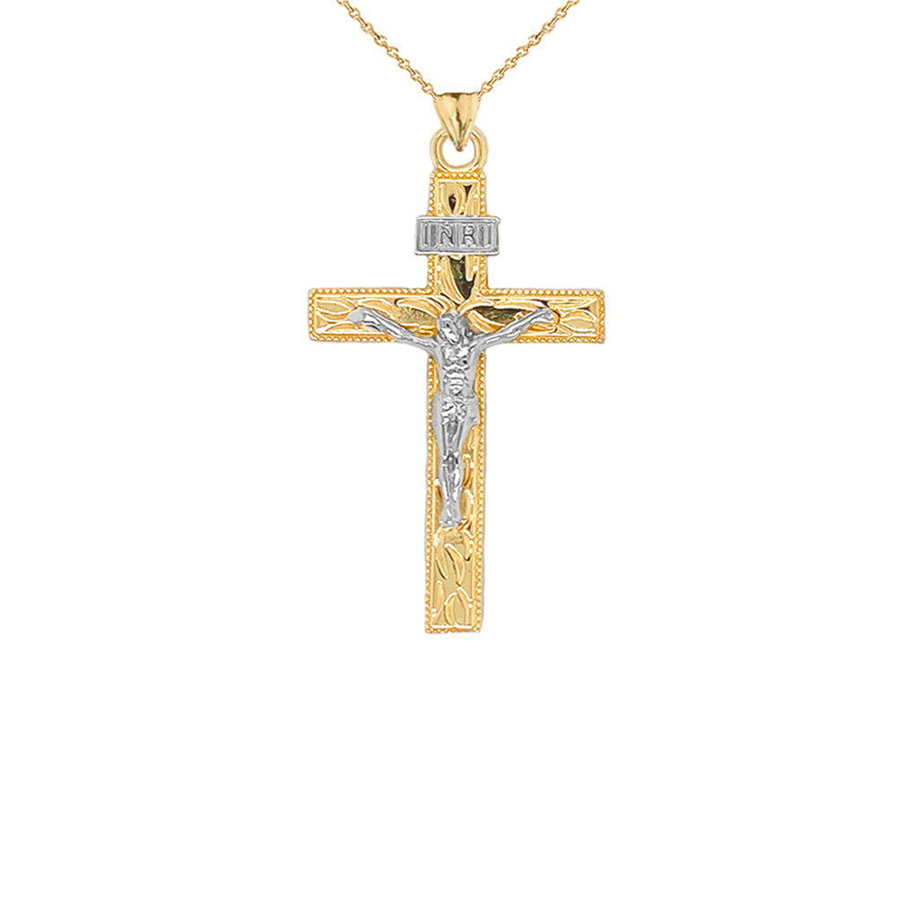 Solid Gold Two-Tone Jesus Christ INRI Crucifix Cross Pendant Necklace, view 7