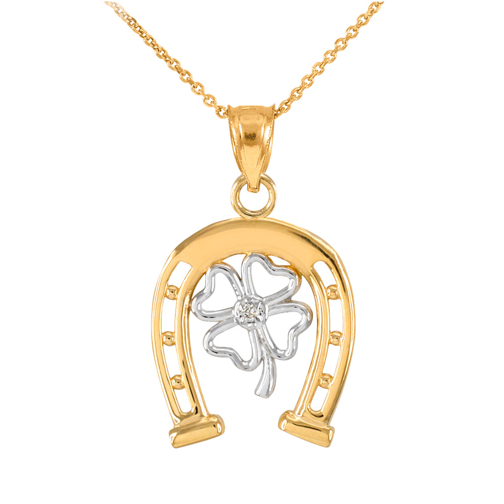 Solid Gold Two-Tone Lucky Horseshoe with Diamond 4-Leaf Clover Pendant Necklace