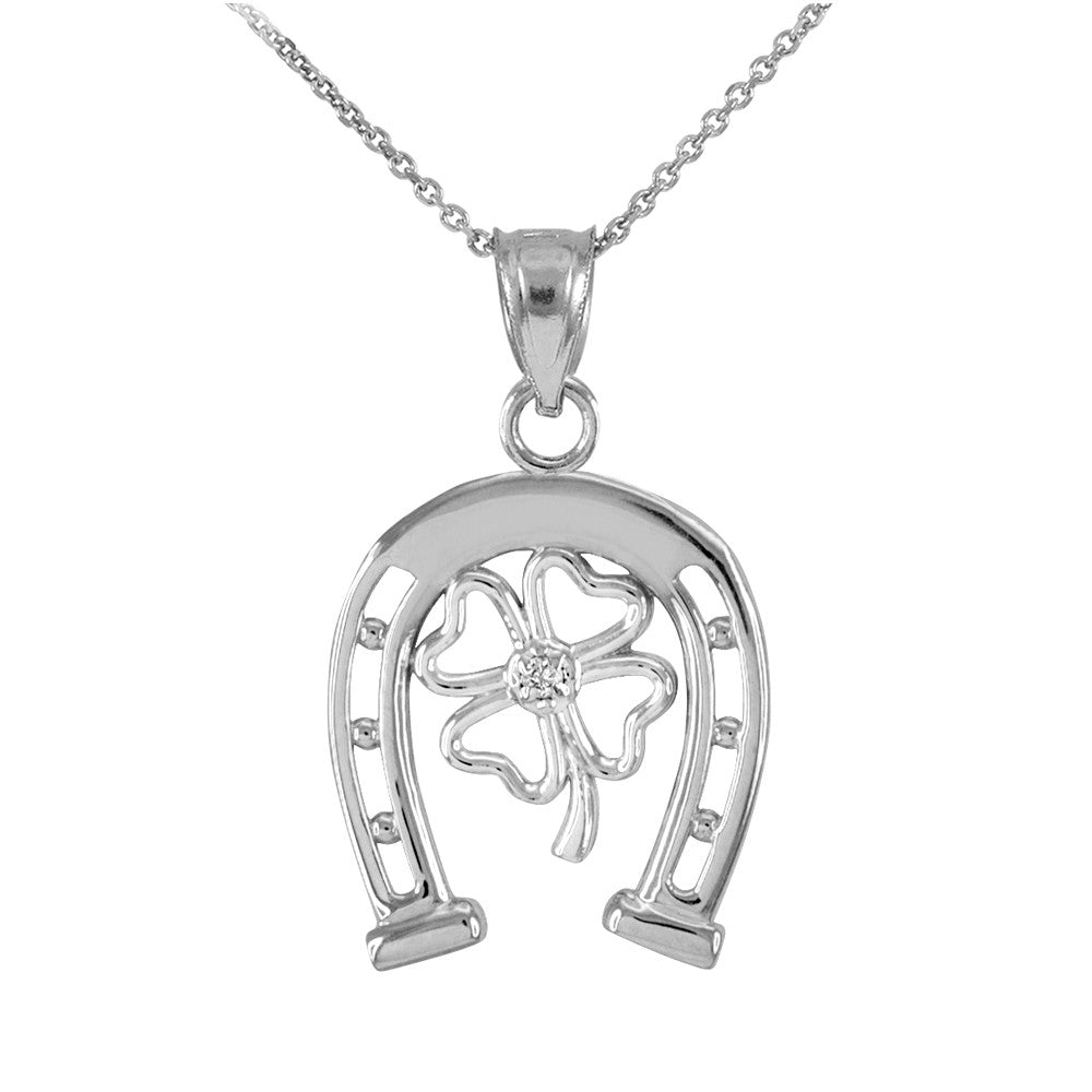 Solid Gold Two-Tone Lucky Horseshoe with Diamond 4-Leaf Clover Pendant Necklace, view 3