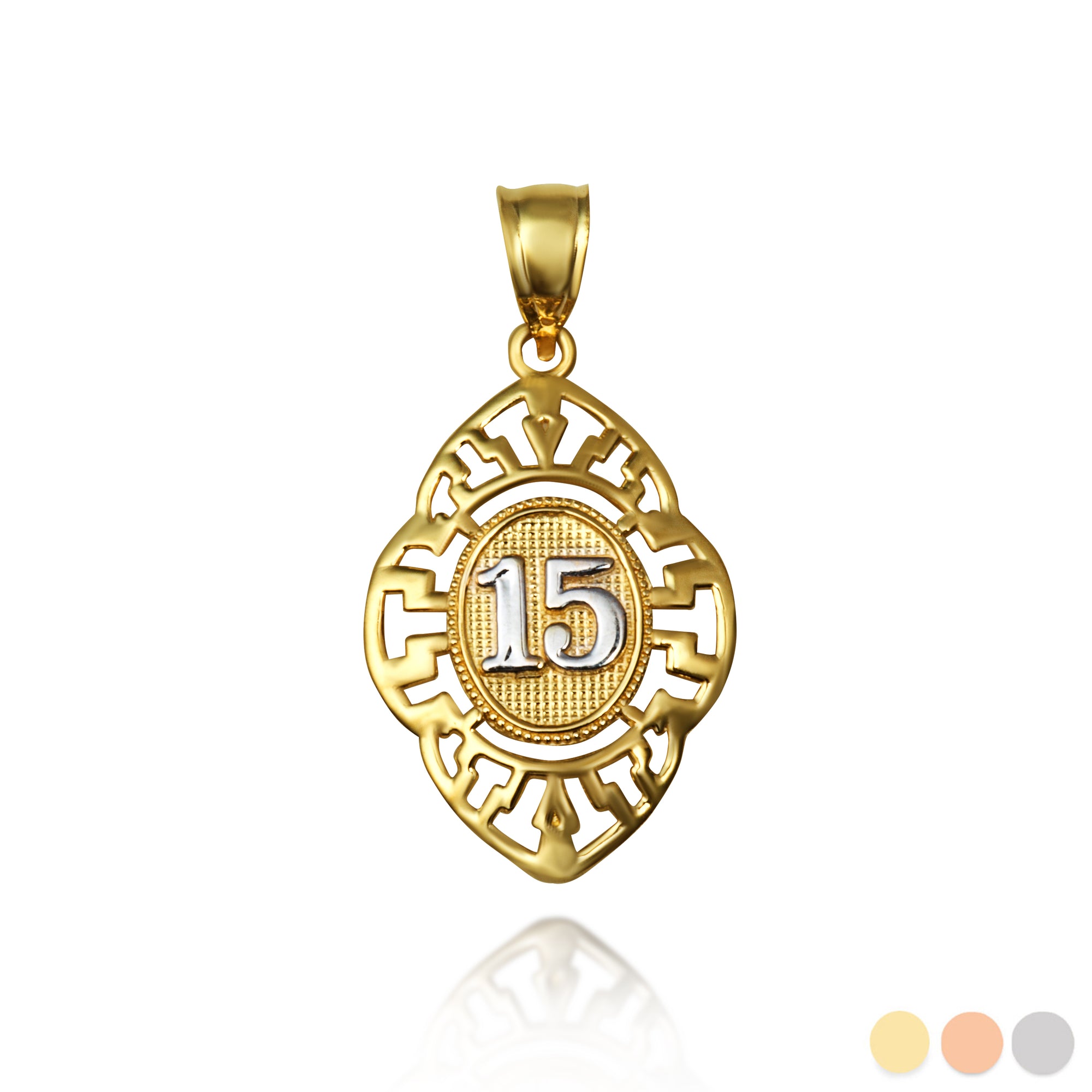 Solid Gold Two-Tone Quinceañera 15 Años Greek Key Oval Beaded Pendant Necklace