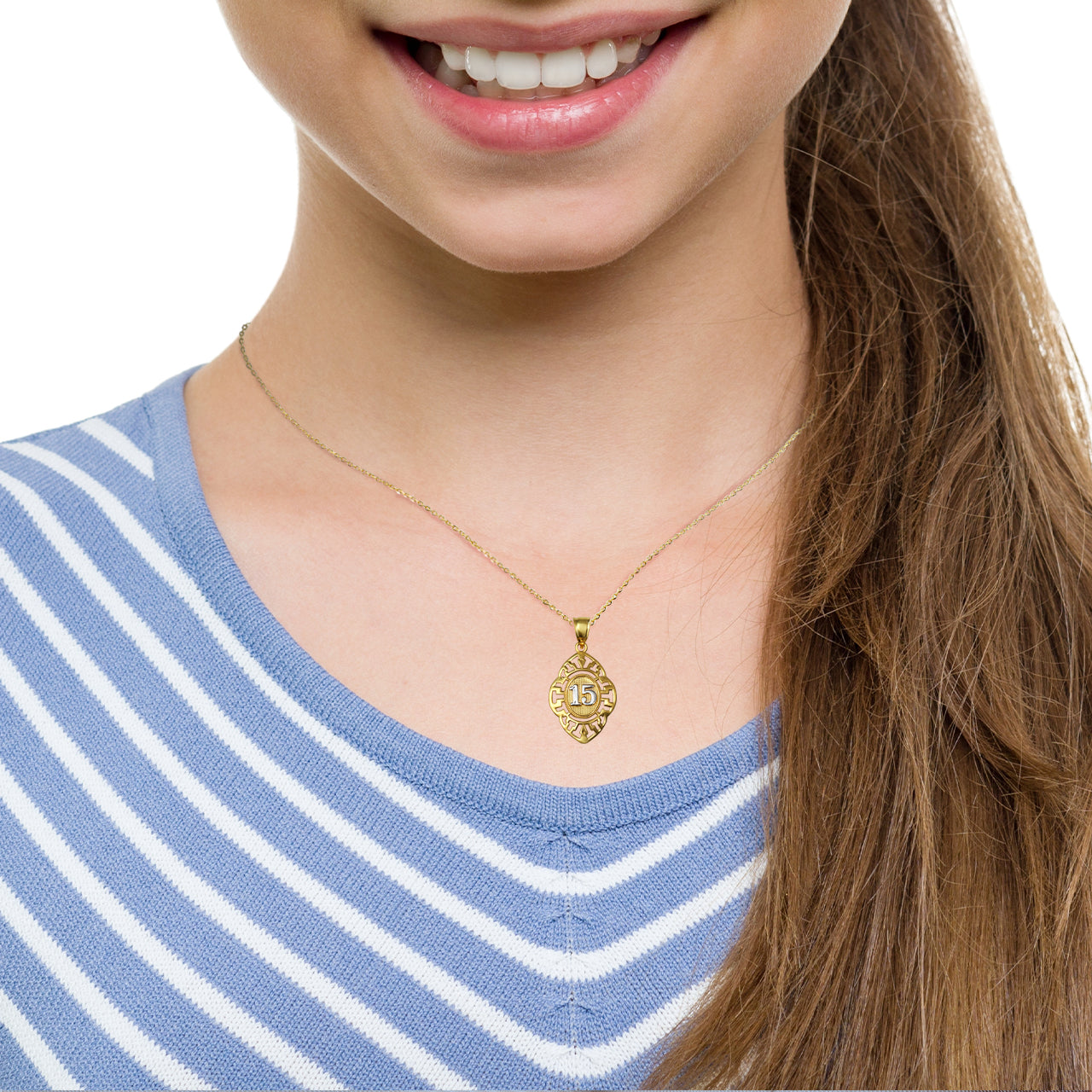 Solid Gold Two-Tone Quinceañera 15 Años Greek Key Oval Beaded Pendant Necklace, view 2