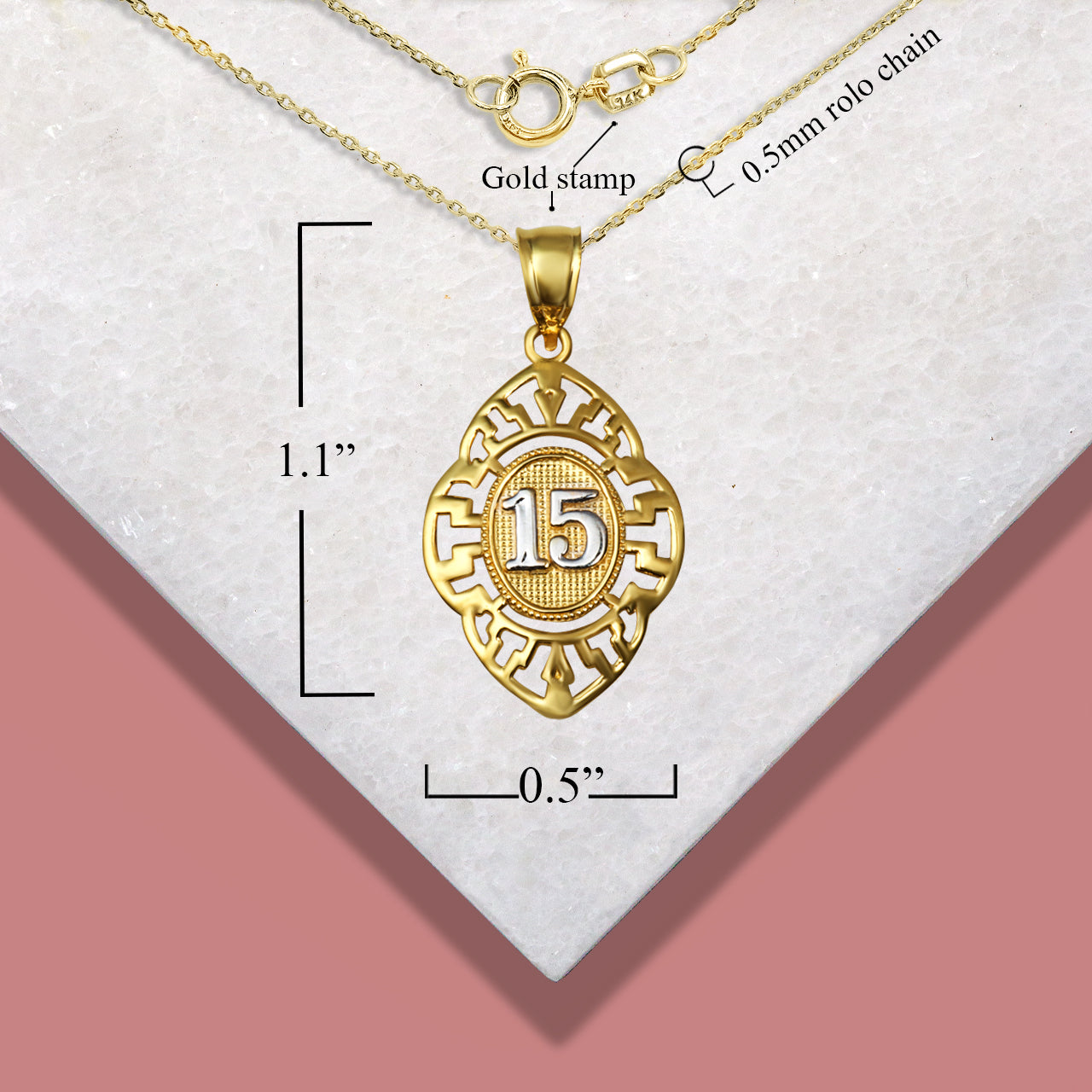 Solid Gold Two-Tone Quinceañera 15 Años Greek Key Oval Beaded Pendant Necklace, view 3