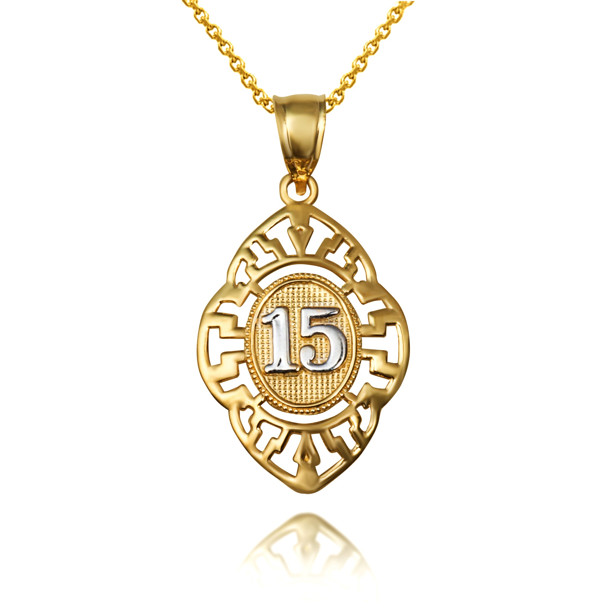 Solid Gold Two-Tone Quinceañera 15 Años Greek Key Oval Beaded Pendant Necklace, view 4