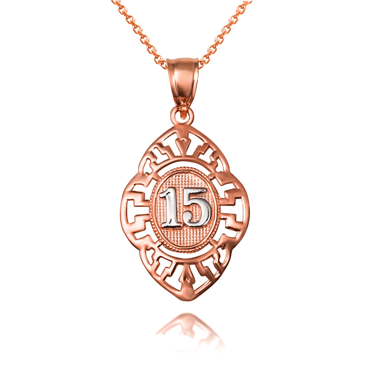 Solid Gold Two-Tone Quinceañera 15 Años Greek Key Oval Beaded Pendant Necklace, view 6