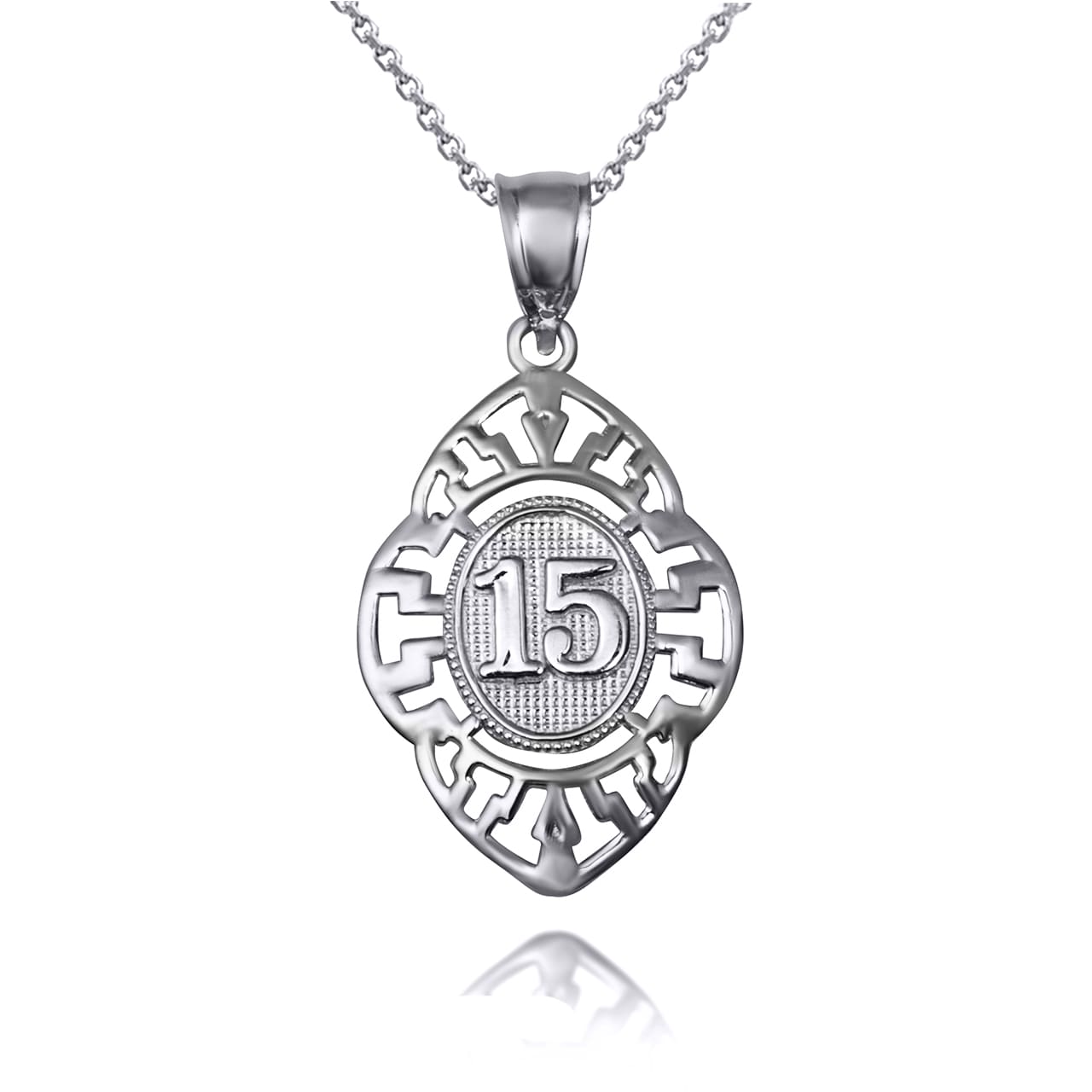 Solid Gold Two-Tone Quinceañera 15 Años Greek Key Oval Beaded Pendant Necklace, view 7