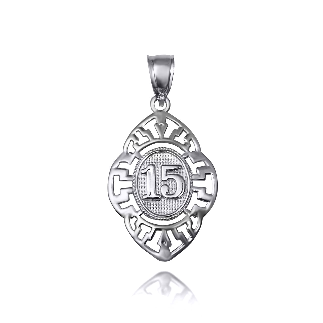 Solid Gold Two-Tone Quinceañera 15 Años Greek Key Oval Beaded Pendant Necklace, view 8