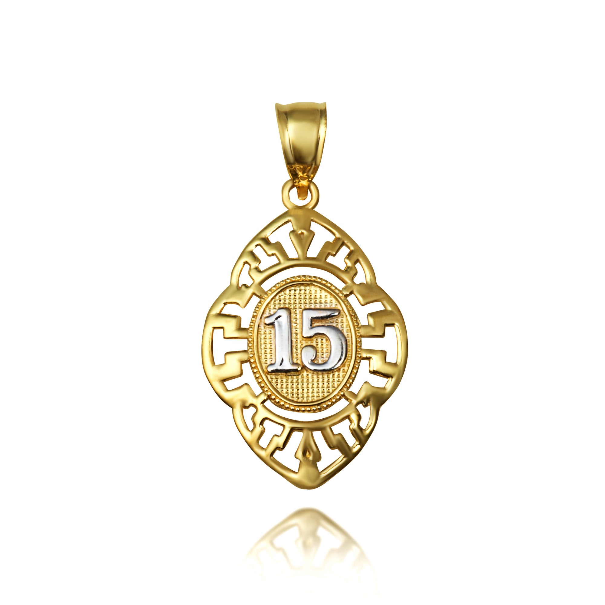 Solid Gold Two-Tone Quinceañera 15 Años Greek Key Oval Beaded Pendant Necklace, view 9