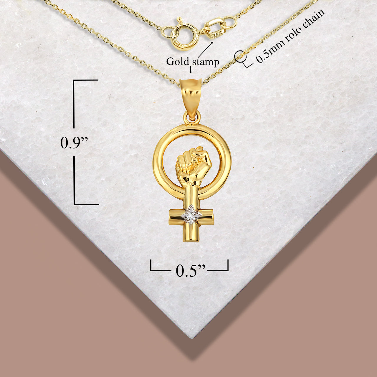 Solid Gold Venus Love Symbol Feminist Diamond Pendant Necklace, view 4