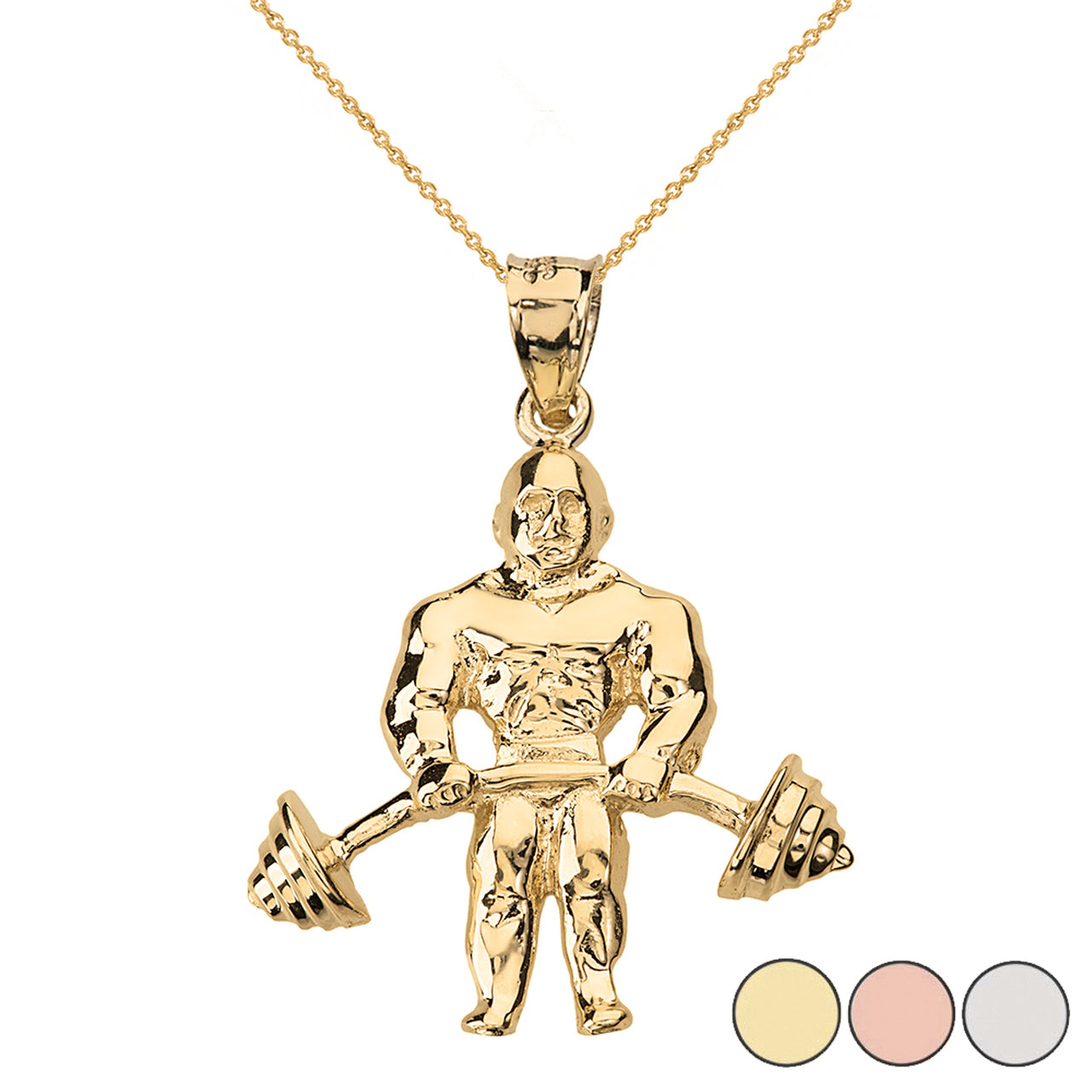 Solid Gold Weightlifting Fitness Sport Bodybuilder and Barbell Pendant Necklace