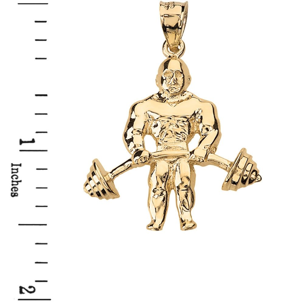 Solid Gold Weightlifting Fitness Sport Bodybuilder and Barbell Pendant Necklace, view 3