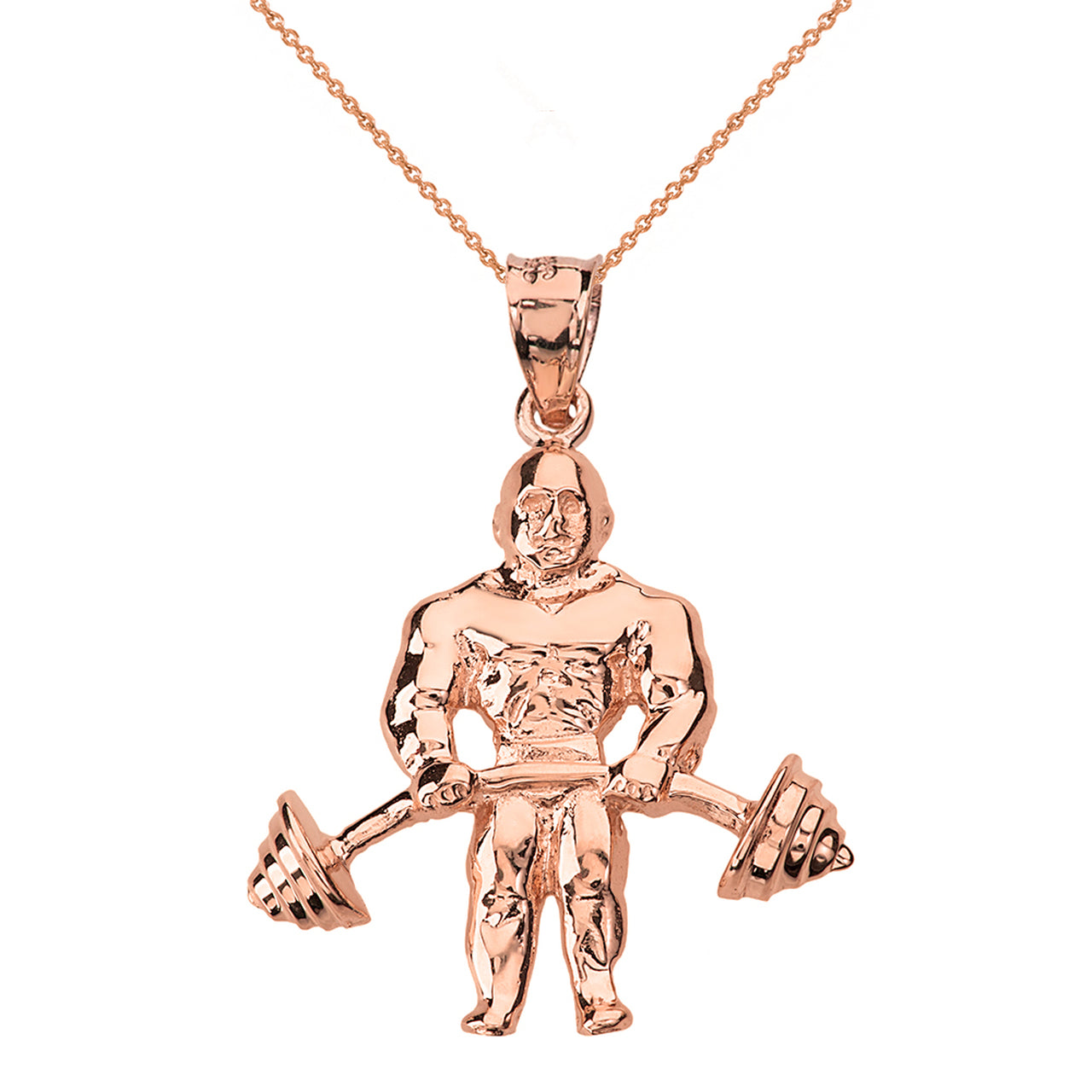 Solid Gold Weightlifting Fitness Sport Bodybuilder and Barbell Pendant Necklace, view 4